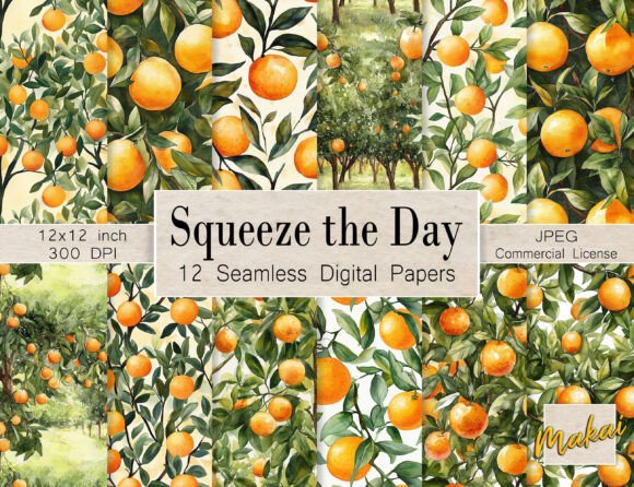12 Watercolor Orange Grove Tree Patterns