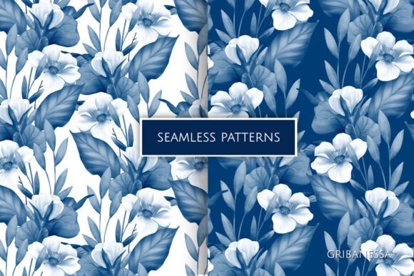 Blue Monochrome Floral Seamless Patterns