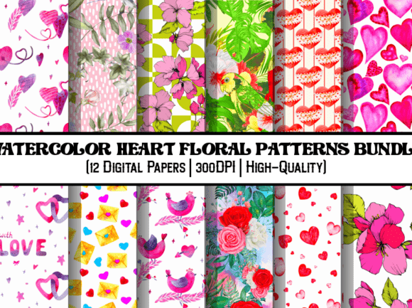 Watercolor Heart Floral Patterns Bundle